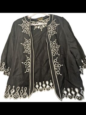 Bob Mackie Women's Jacket Wearable Art Black Cut Out Embroidery Linen M